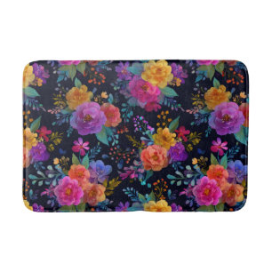 Bright Flowers on Black Vintage Aesthetic Floral Bath Mat