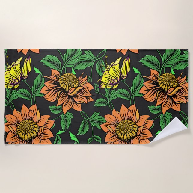 Bright Flowers Pop from Black Background Beach Towel (Front)