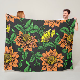 Bright Flowers Pop from Black Background Fleece Blanket