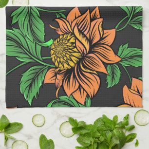 Bright Flowers Pop from Black Background Kitchen Towel