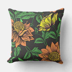 Bright Flowers Pop from Black Background Outdoor Pillow