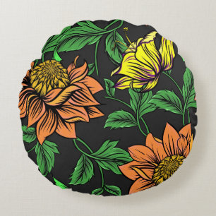 Bright Flowers Pop from Black Background Round Pillow