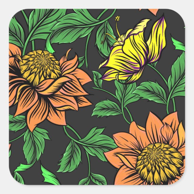 Bright Flowers Pop from Black Background Square Sticker (Front)