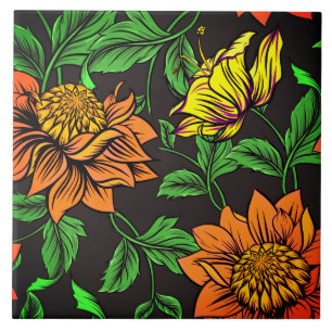 Bright Flowers Pop from Black Background Tile