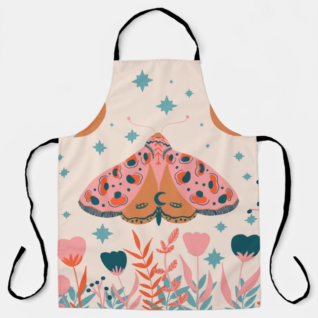 Bright Folk art Moths pattern Apron (Front)