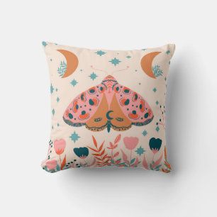 Bright Folk art Moths pattern Throw Pillow