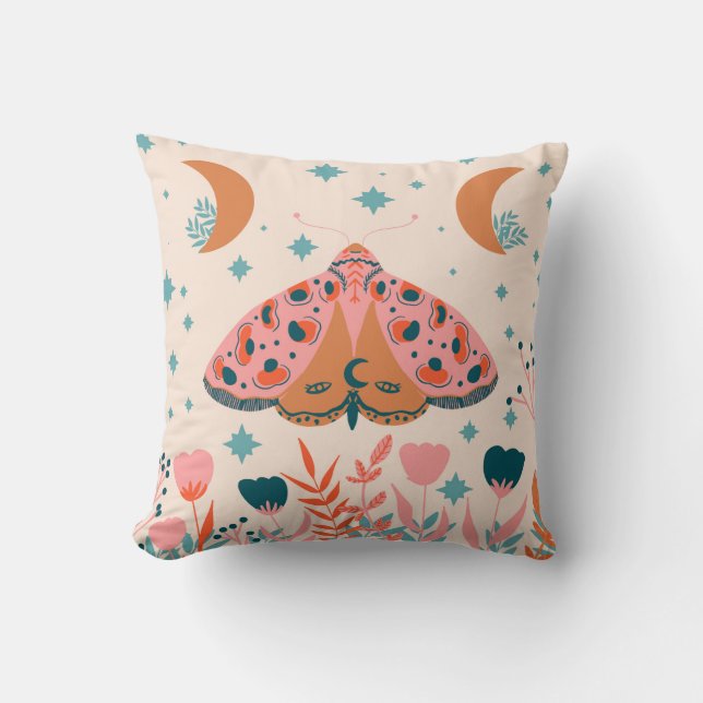 Bright Folk art Moths pattern Throw Pillow (Front)