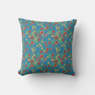 Bright Folk Art Style Floral Mini-print on Teal Throw Pillow