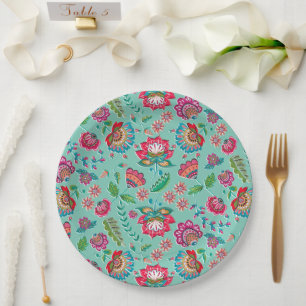 bright folk flower turquoise pattern wedding paper plate