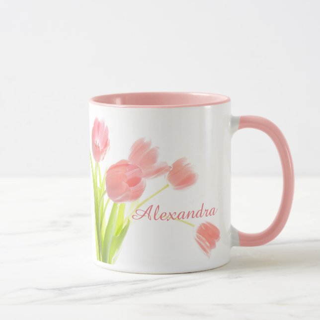 Bright, Fresh, Pink Tulip Bouquet on white name Mug (Right)
