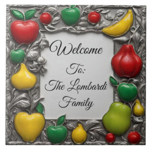 Bright Fruit Accents on Ornate Silver Welcome Tile