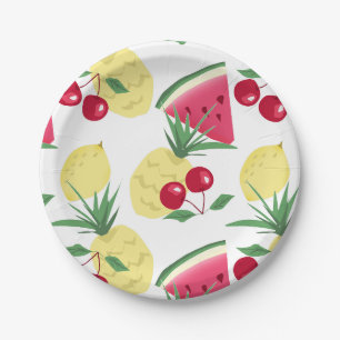 Bright fruits and berries on white. paper plate