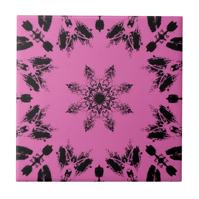 Bright fuchsia ebony black star flower geometric  tile (Front)