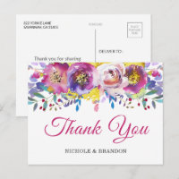 Bright Fuchsia Gold Floral Thank You Postcard
