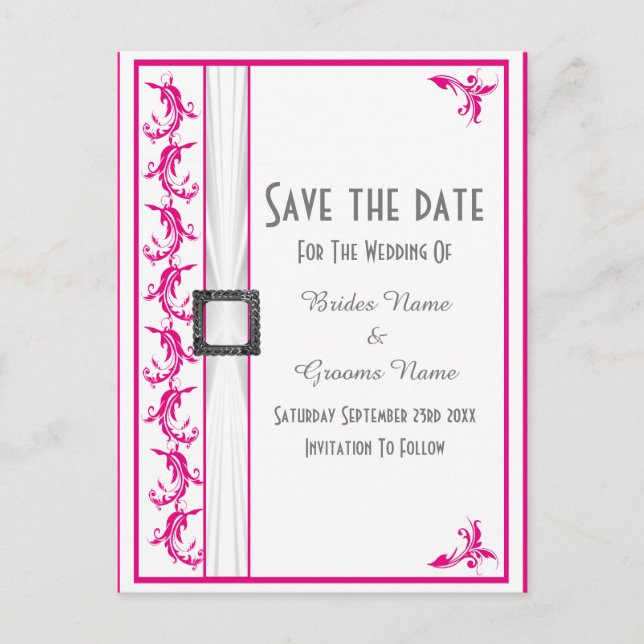 Bright fuchsia pink white lace save the date announcement postcard (Front)