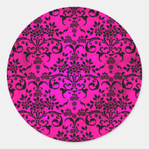Bright Fucshia and Black Floral Damask Pattern Classic Round Sticker