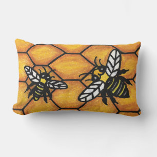 Bright Fun Black Yellow Buzzing Bees on Honey Comb Lumbar Pillow