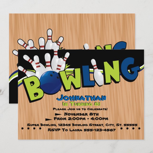 Bright & Fun Bowling Invitations d'anniversaire (Devant / Derrière)