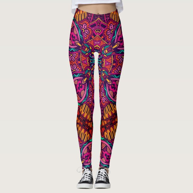 Bright Fun Floral Abstract Geometrical Whimsical Leggings (Front)