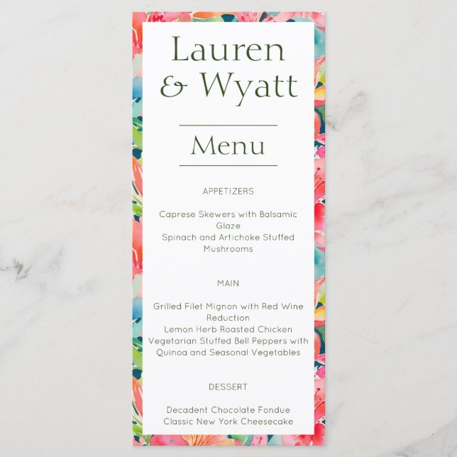Bright Fun Tropical Botanical Floral Wedding Menu (Front)