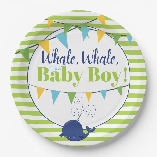 Bright Fun Typography Cute Whale Boy Baby Shower Paper Plate (Front)