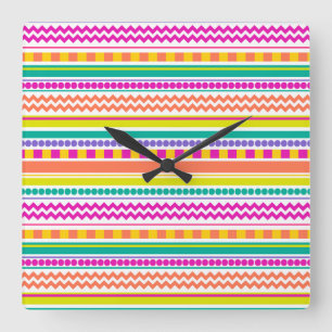 Bright, Funky & Colourful Striped Pattern Design Square Wall Clock