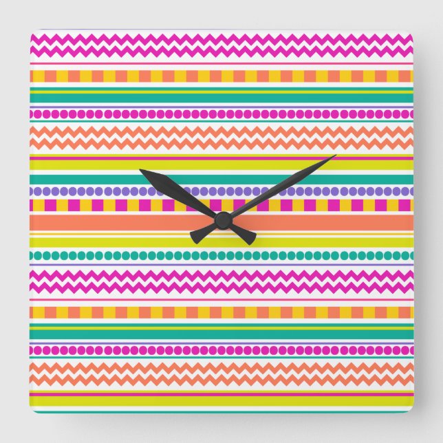 Bright, Funky & Colourful Striped Pattern Design Square Wall Clock (Front)
