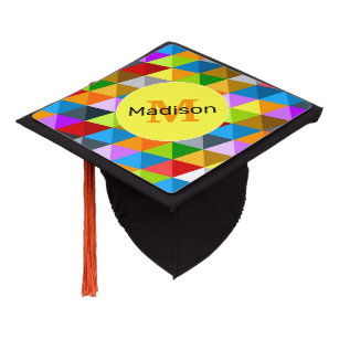 Bright funky colourful triangles pattern Monogram Graduation Cap Topper