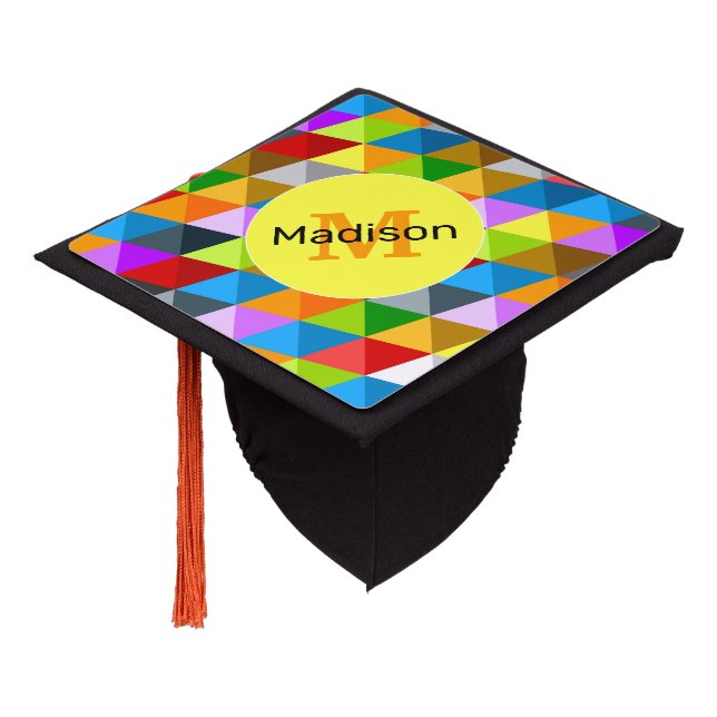 Bright funky colourful triangles pattern Monogram Graduation Cap Topper (Angled)
