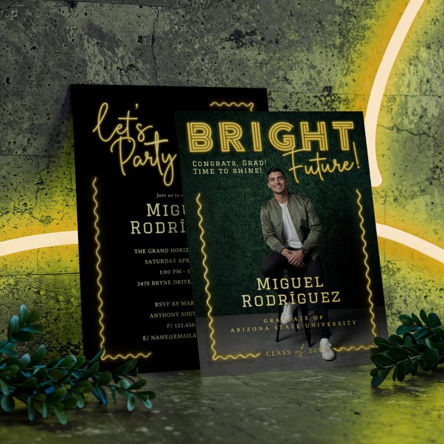 Bright Future Yellow Neon Grad Photo Graduation (Bright Future Yellow Neon Grad Photo Graduation Foil Invitation)