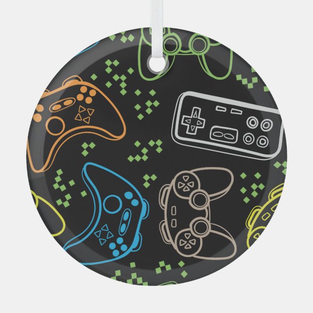 Bright gaming joysticks: cool pattern. glass ornament (Front)