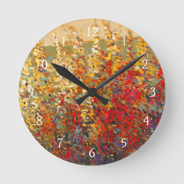 Bright Garden Mural of Spring Wildflowers Round Clock (Front)