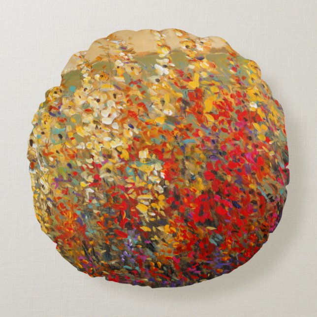 Bright Garden Mural of Spring Wildflowers Round Pillow (Front)