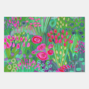 Bright Garden Wrapping Paper Flat Sheet Set of 3
