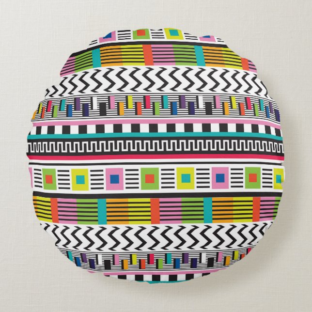 Bright Geometric Lines: Abstract Seamless. Round Pillow (Front)