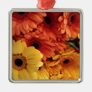 Bright Gerbera Flowers, Orange Yellow, Flora Metal Ornament