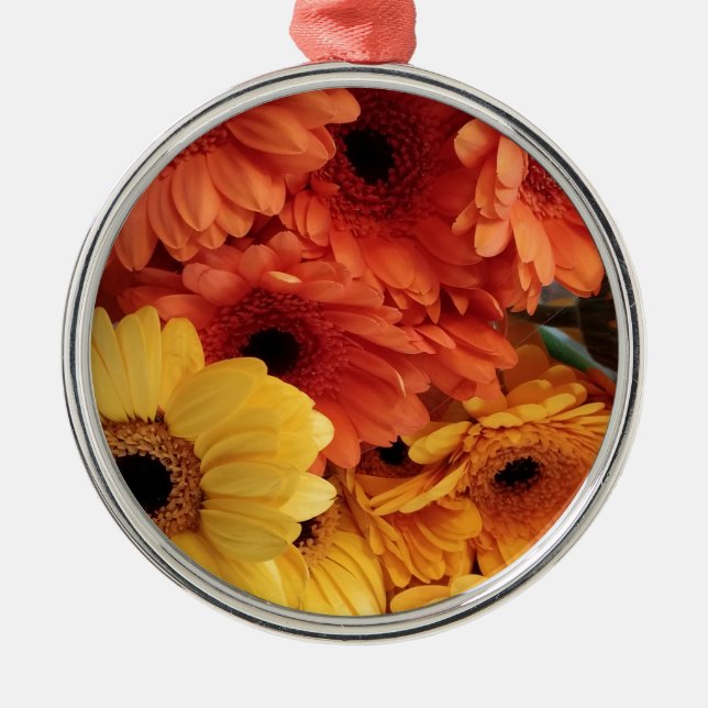 Bright Gerbera Flowers, Orange Yellow, Flora Metal Ornament (Front)