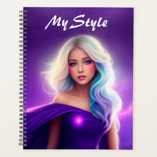 Bright girl purple neon lady trendy beautiful art planner