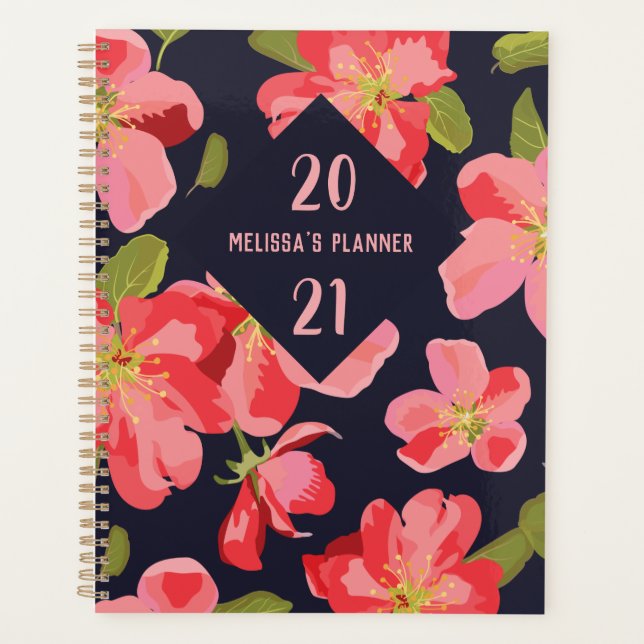 Bright Girly Floral Pattern Blue Botanical Yearly Planner (Front)