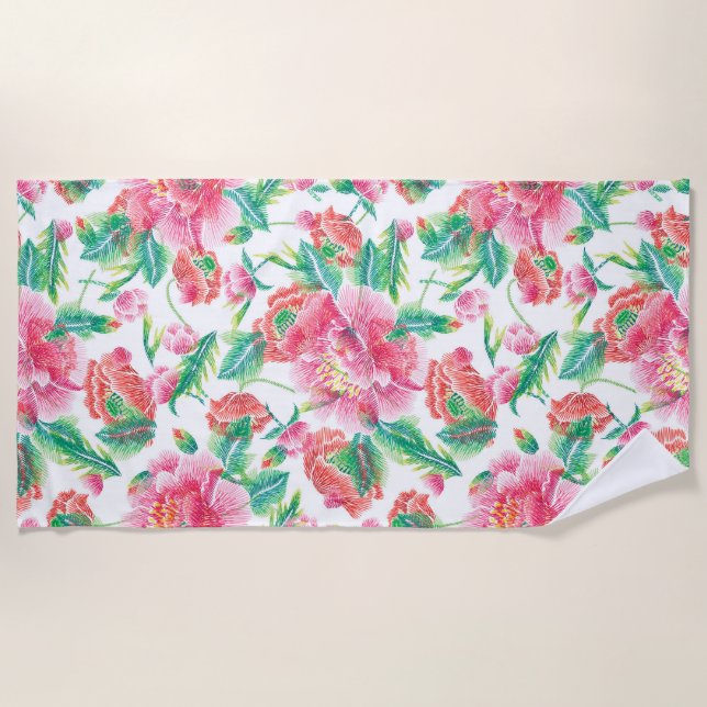 Bright Girly Pink Flowers Pattern Beach Towel (Front)