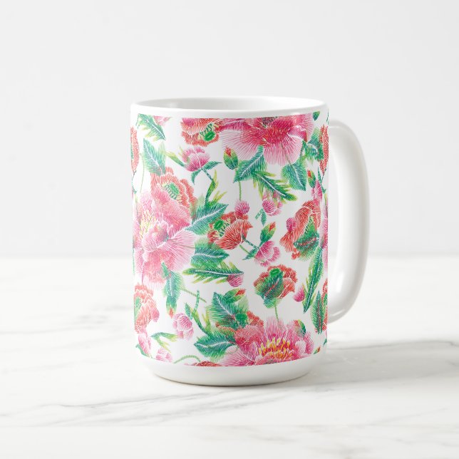 Bright Girly Pink Flowers Pattern Coffee Mug (Front Right)