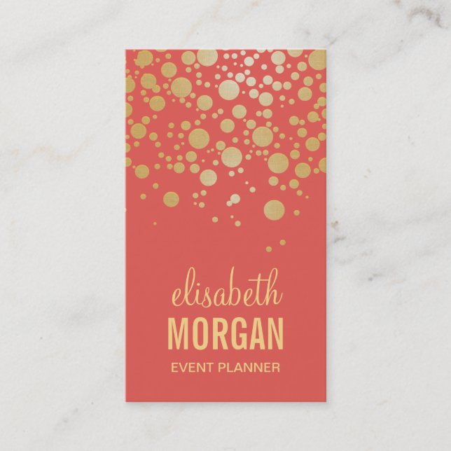 Bright Gold Confetti Dots - Stylish Coral Orange Business Card (Front)