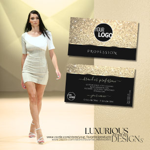 Bright Gold Glitter Luminous Stars and Logo Black Business Card