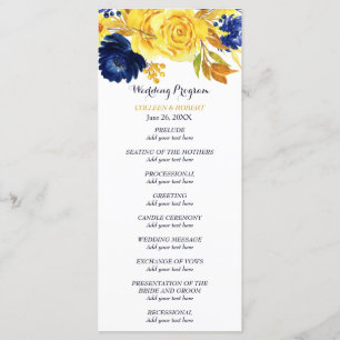 Bright Gold Navy Blue Floral Wedding Programme