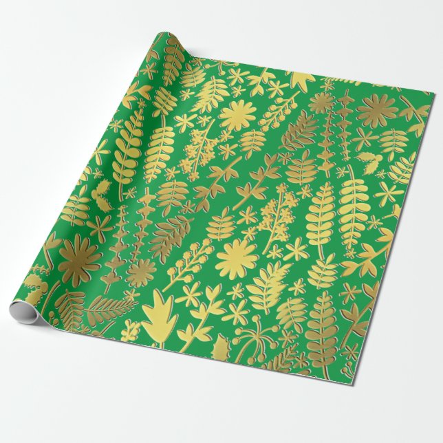 Bright Gold & Silver Christmas Tree Pattern Green Wrapping Paper (Unrolled)