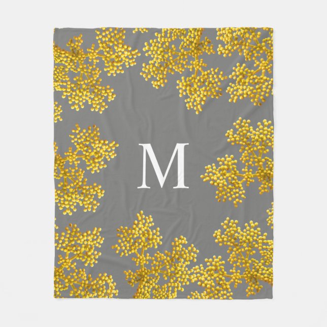 Bright Golden Pink Flower Buds | Monogram Fleece Blanket (Front)