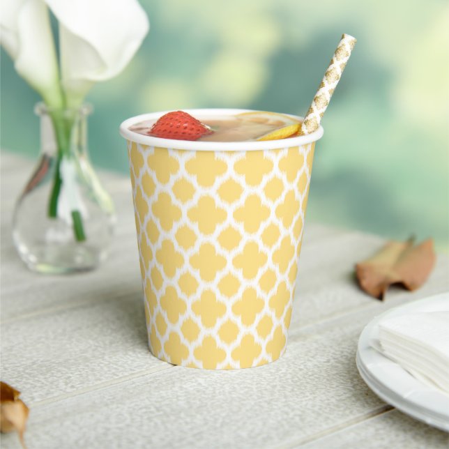 Bright Golden Yellow White Ikat Quatrefoil Pattern Paper Cups (Insitu)