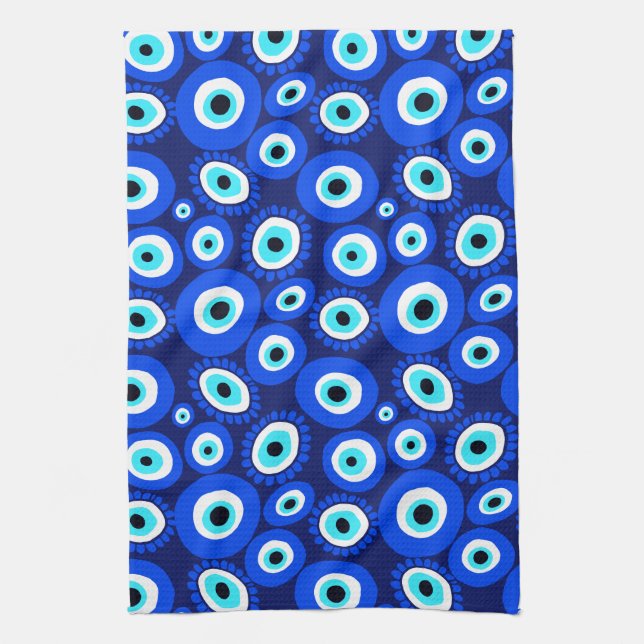 Bright Greek Eye Pattern on Navy Blue Kitchen Towel (Vertical)