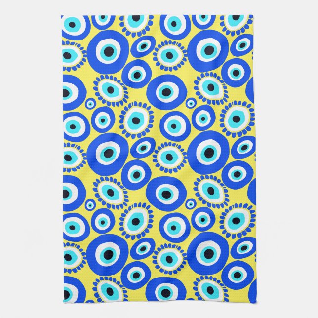 Bright Greek Eye Pattern on Yellow Kitchen Towel (Vertical)