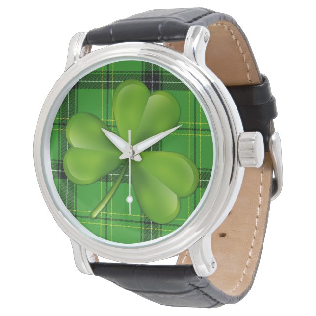 Bright Green 3-leaf Clover on Plaid Tartan Watch (Angled)